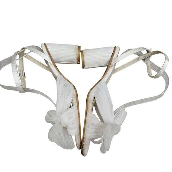 White Strappy High Block Round Heel Sandals Gauzy Bow Chunky‎ Heel Cottage Girly - Picture 8 of 14